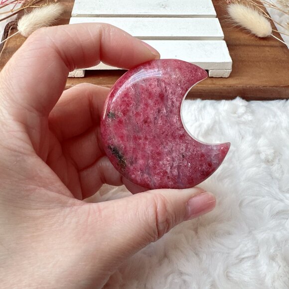 Beautiful Ice Rhodonite Small Moon Carving | Sakura Cherry Blossom Rhodonite - Picture 4 of 6